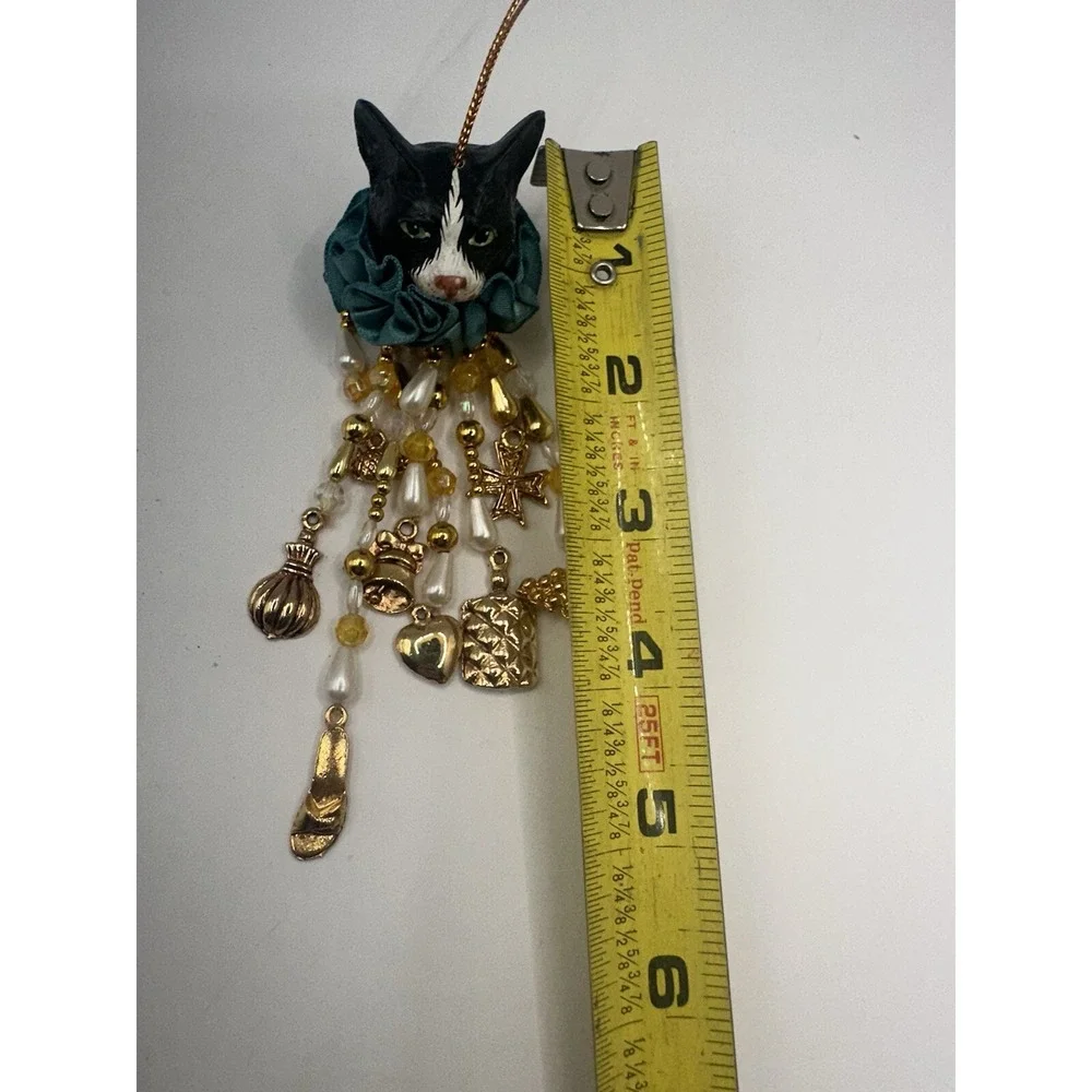 Whimsical Cat Ornament With Gold Toned Dangles Black And White